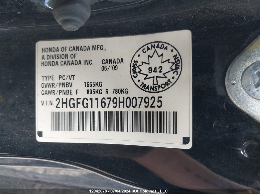 2009 Honda Civic Cpe VIN: 2HGFG11679H007925 Lot: 12042078