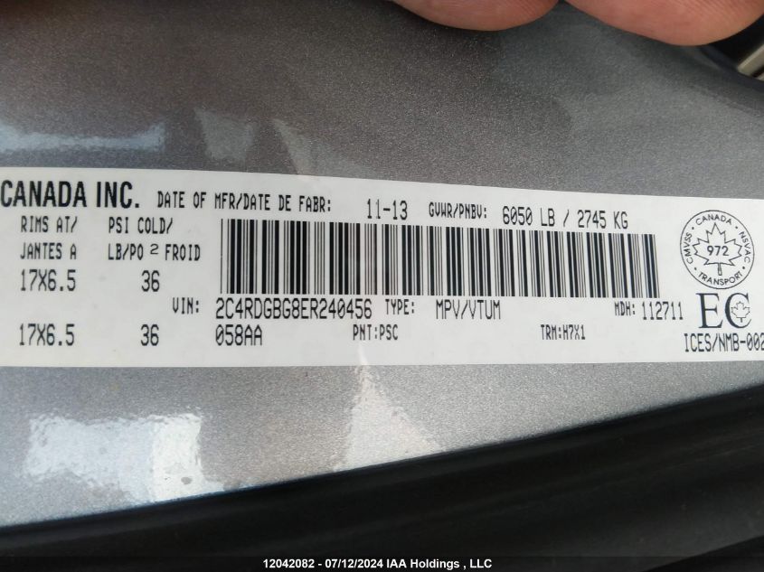 2014 Dodge Grand Caravan Se/Sxt VIN: 2C4RDGBG8ER240456 Lot: 12042082