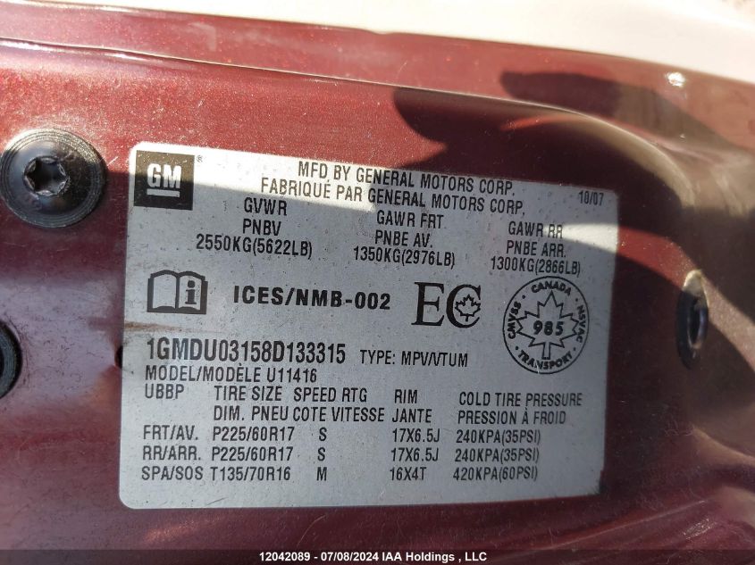 2008 Pontiac Montana Sv6 VIN: 1GMDU03158D133315 Lot: 12042089