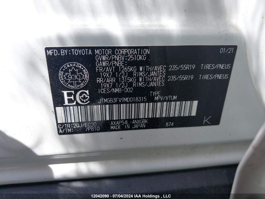 2021 Toyota Rav4 Prime Se VIN: JTMGB3FV9MD018315 Lot: 12042090