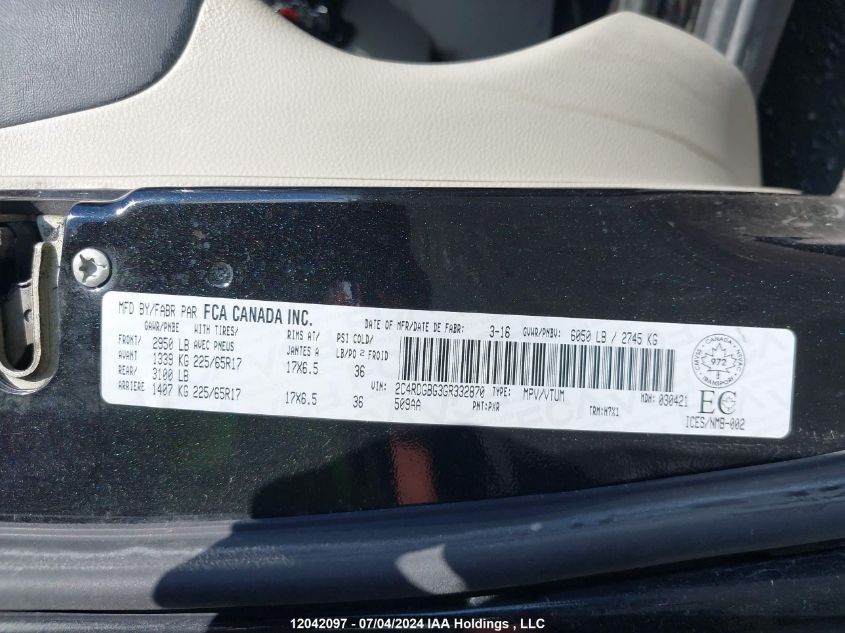 2016 Dodge Grand Caravan Se VIN: 2C4RDGBG3GR332870 Lot: 12042097