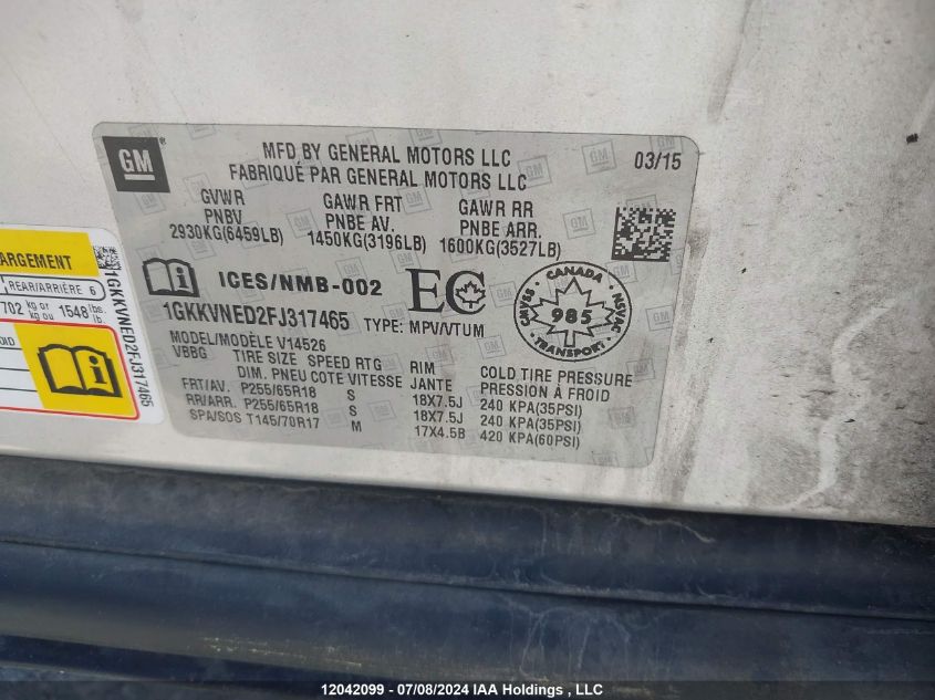 2015 GMC Acadia VIN: 1GKKVNED2FJ317465 Lot: 12042099