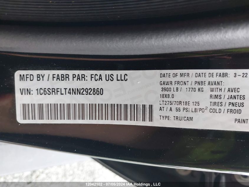 2022 Ram 1500 Rebel VIN: 1C6SRFLT4NN292860 Lot: 12042102