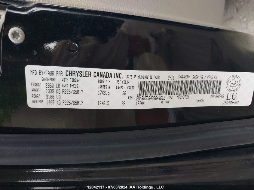 2011 Dodge Grand Caravan Crew VIN: 2D4RN5DG4BR644612 Lot: 12042117