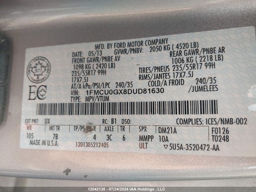 2013 Ford Escape Se VIN: 1FMCU0GX8DUD81630 Lot: 12042135