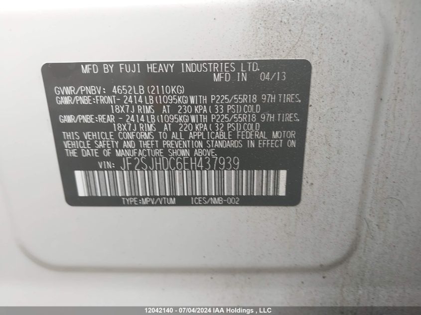2014 Subaru Forester VIN: JF2SJHDC6EH437939 Lot: 12042140