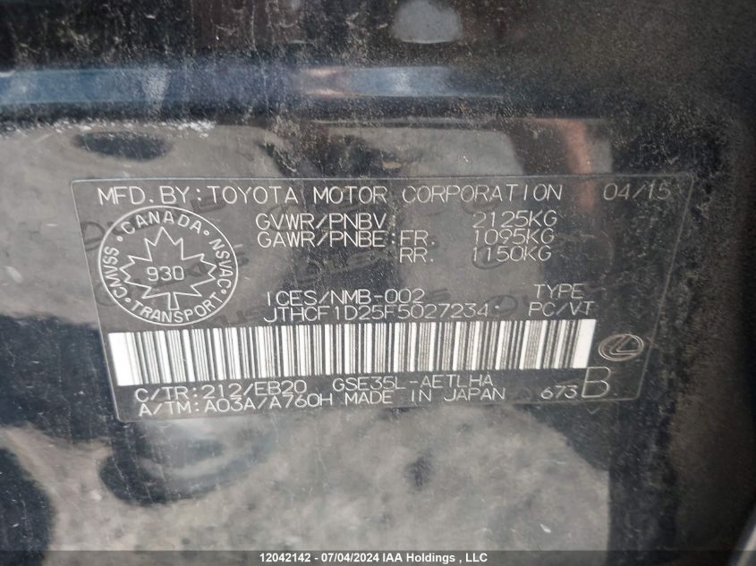 2015 Lexus Is 250 VIN: JTHCF1D25F5027234 Lot: 12042142