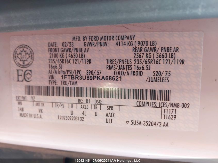 2023 Ford Transit T-250 VIN: 1FTBR3U89PKA68621 Lot: 12042145