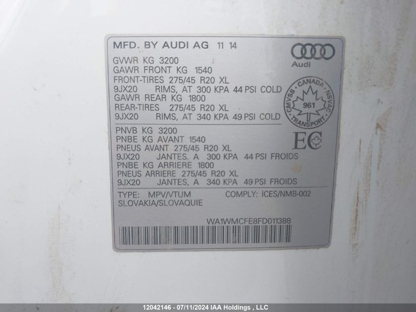 2015 Audi Q7 VIN: WA1WMCFE8FD011388 Lot: 12042146