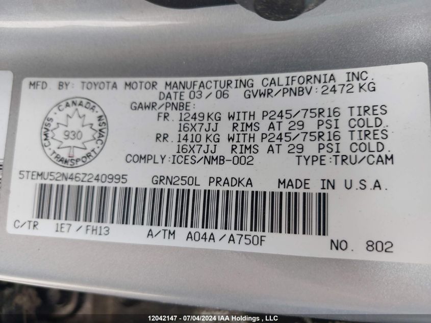 2006 Toyota Tacoma Double Cab Long Bed VIN: 5TEMU52N46Z240995 Lot: 12042147