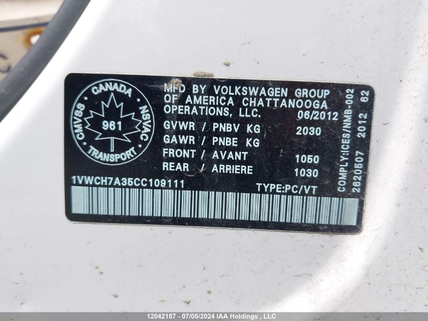 2012 Volkswagen Passat VIN: 1VWCH7A35CC109111 Lot: 12042157