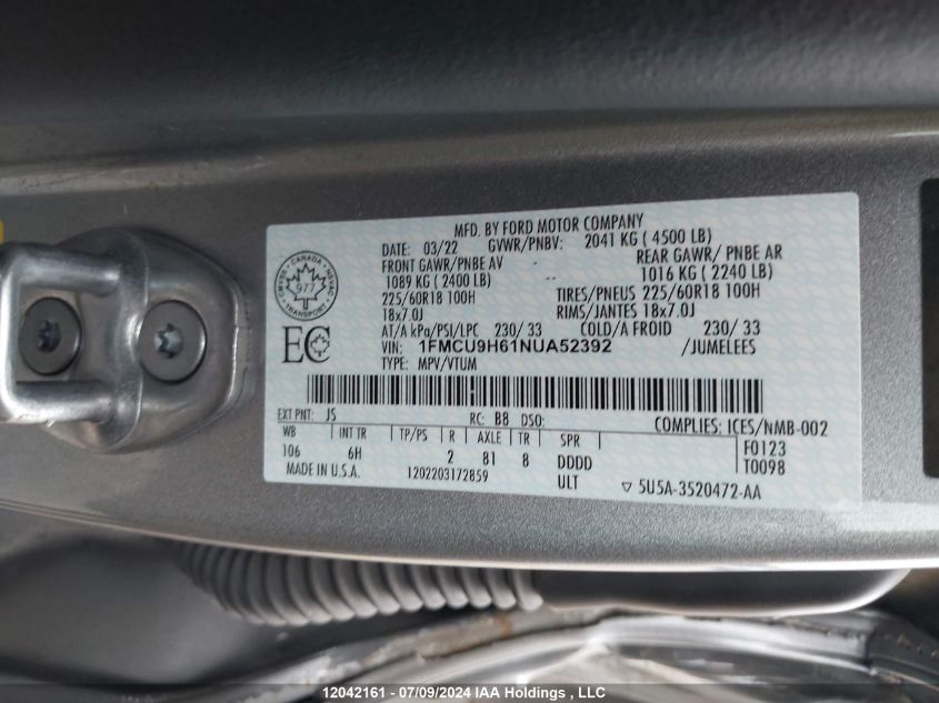 2022 Ford Escape Sel VIN: 1FMCU9H61NUA52392 Lot: 12042161