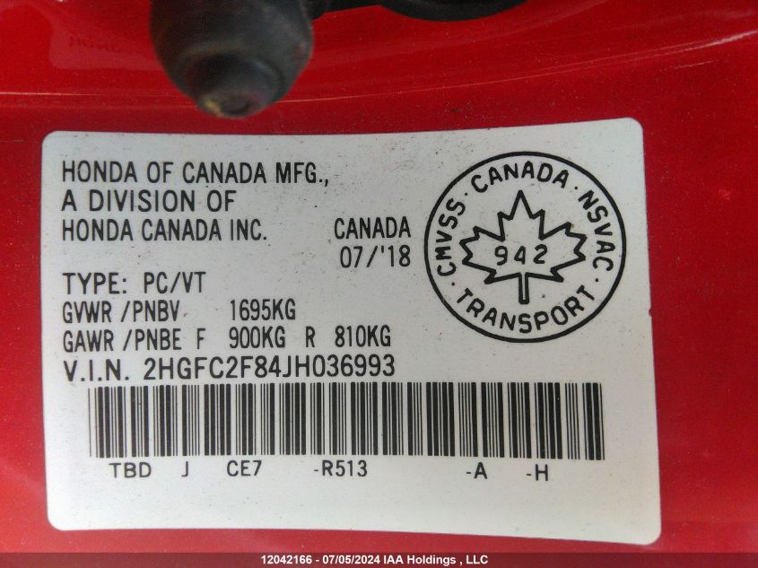 2018 Honda Civic Ex VIN: 2HGFC2F84JH036993 Lot: 12042166