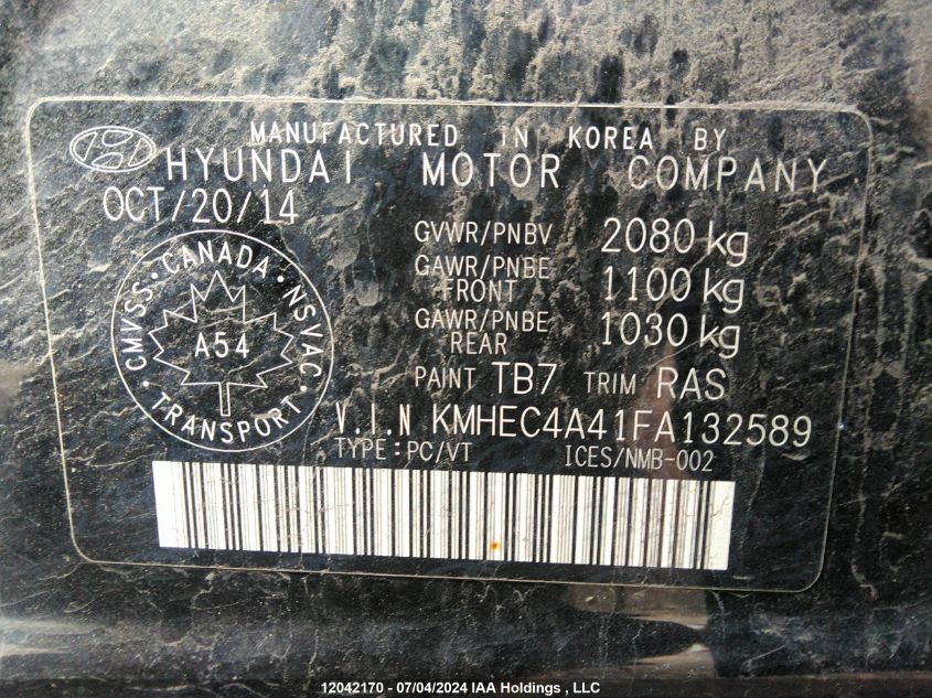 2015 Hyundai Sonata Hybrid VIN: KMHEC4A41FA132589 Lot: 12042170