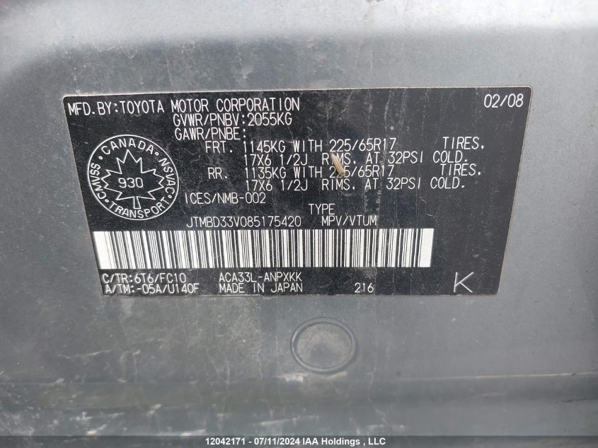 2008 Toyota Rav4 VIN: JTMBD33V085175420 Lot: 12042171