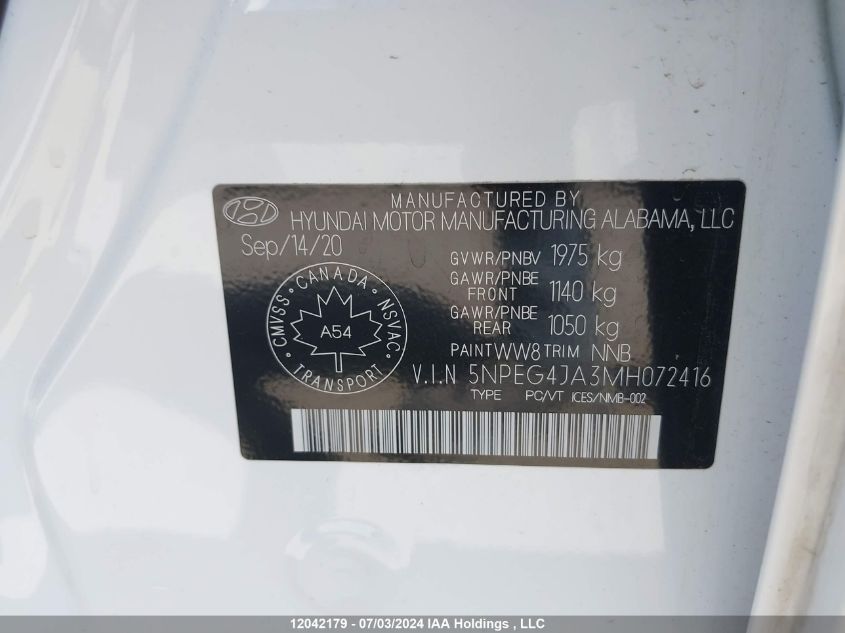 2021 Hyundai Sonata Se VIN: 5NPEG4JA3MH072416 Lot: 12042179