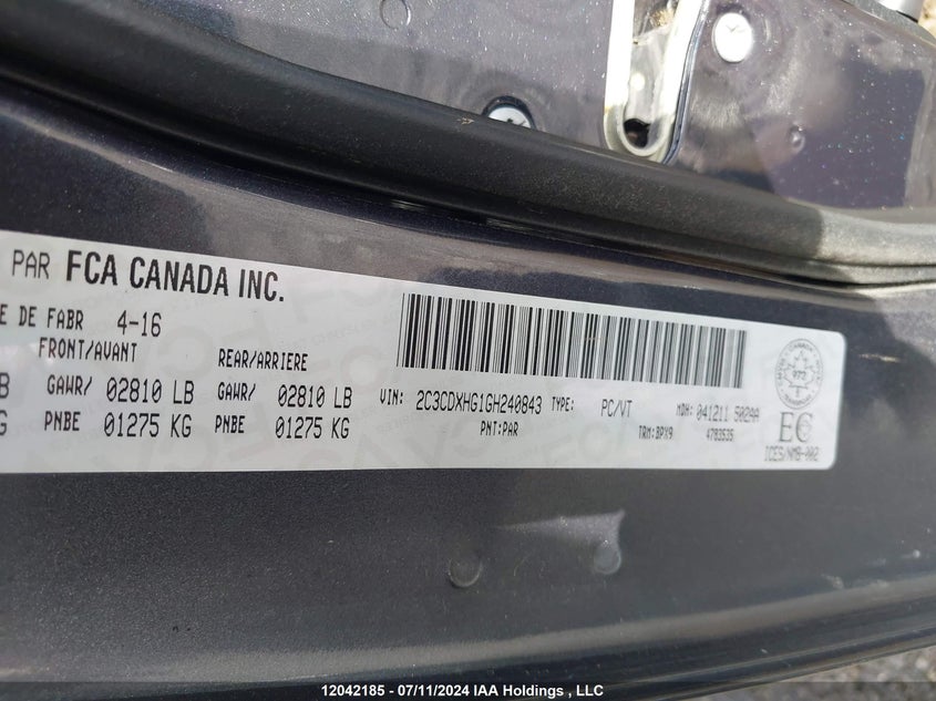 2016 Dodge Charger Sxt VIN: 2C3CDXHG1GH240843 Lot: 12042185