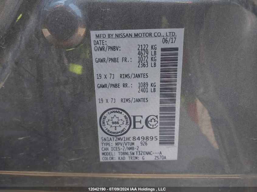 2017 Nissan Rogue VIN: 5N1AT2MV1HC849895 Lot: 12042190