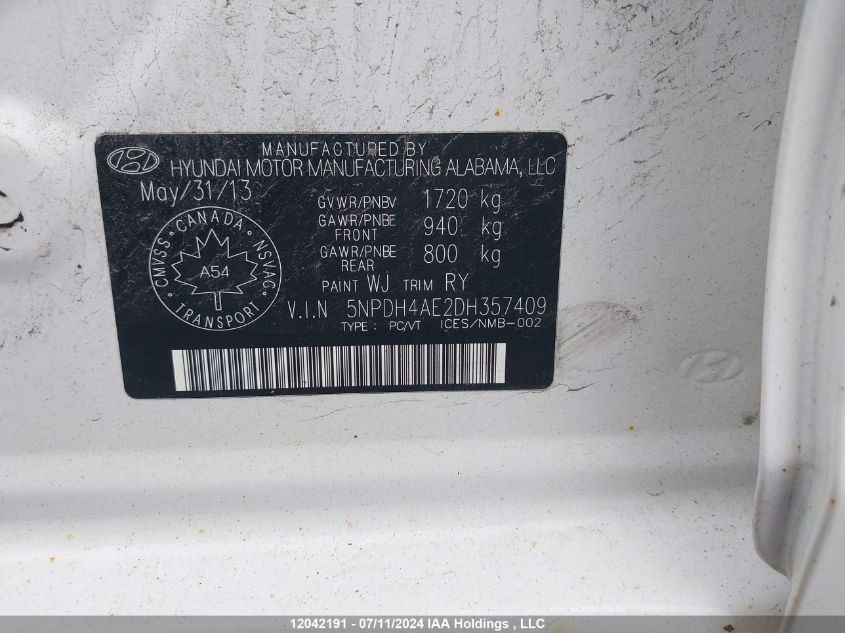 2013 Hyundai Elantra Gls/Limited VIN: 5NPDH4AE2DH357409 Lot: 12042191