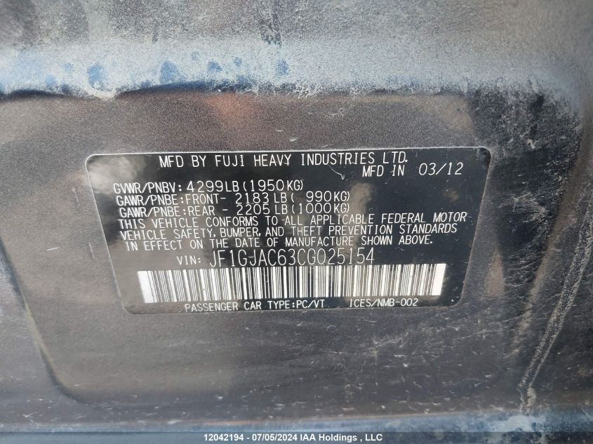 2012 Subaru Impreza VIN: JF1GJAC63CG025154 Lot: 12042194