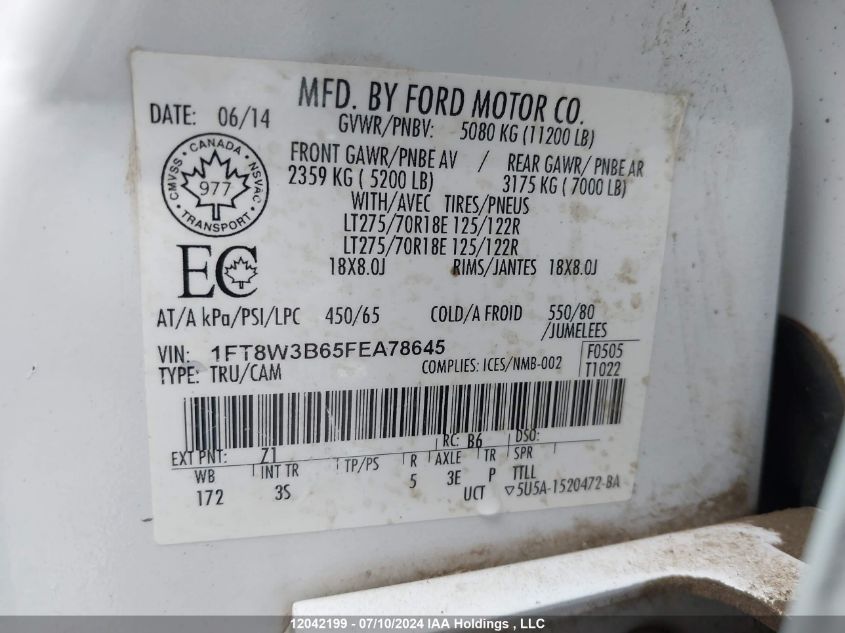 2015 Ford F-350 Xlt VIN: 1FT8W3B65FEA78645 Lot: 12042199