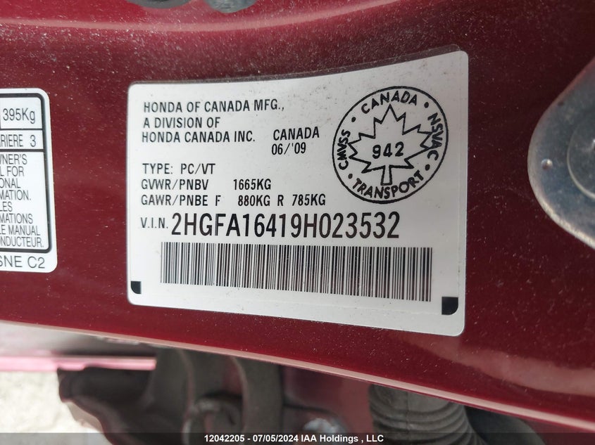 2009 Honda Civic Sdn VIN: 2HGFA16419H023532 Lot: 12042205