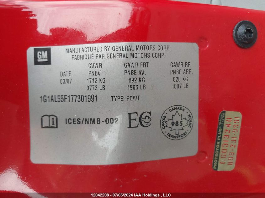 2007 Chevrolet Cobalt VIN: 1G1AL55F177301991 Lot: 12042208