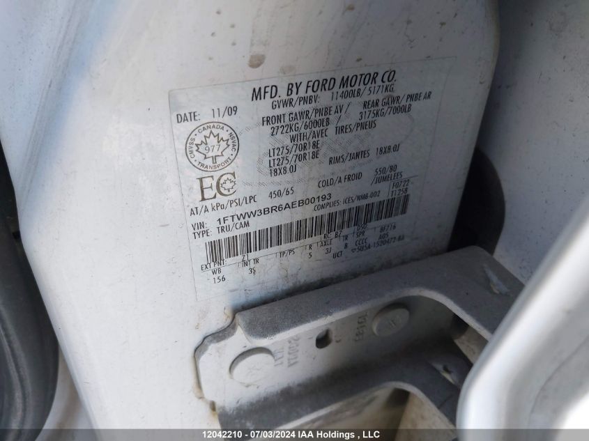 2010 Ford F350 Super Duty VIN: 1FTWW3BR6AEB00193 Lot: 12042210