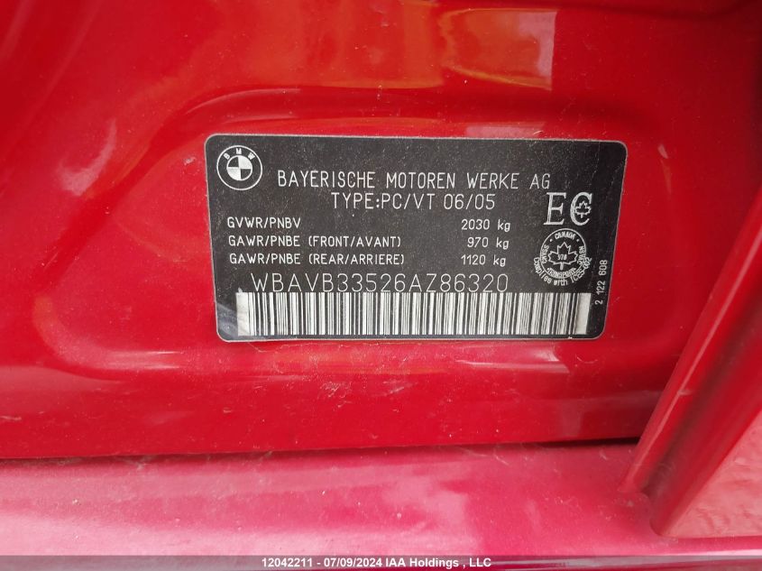 2006 BMW 3 Series 330I VIN: WBAVB33526AZ86320 Lot: 12042211