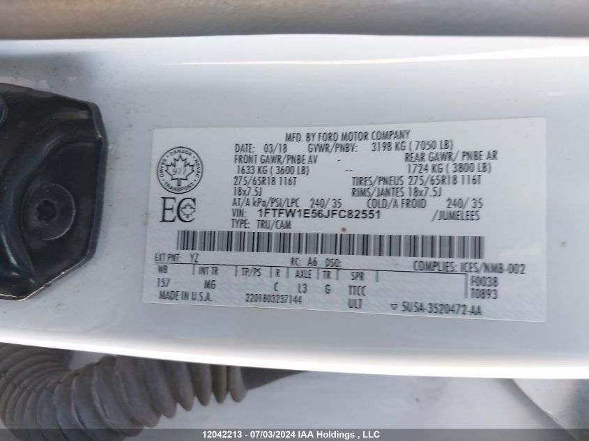 2018 Ford F150 Supercrew VIN: 1FTFW1E56JFC82551 Lot: 12042213
