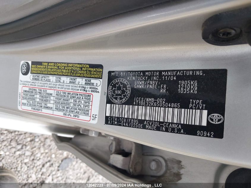 2005 Toyota Camry Le/Xle/Se VIN: 4T1BE32K65U504865 Lot: 12042223