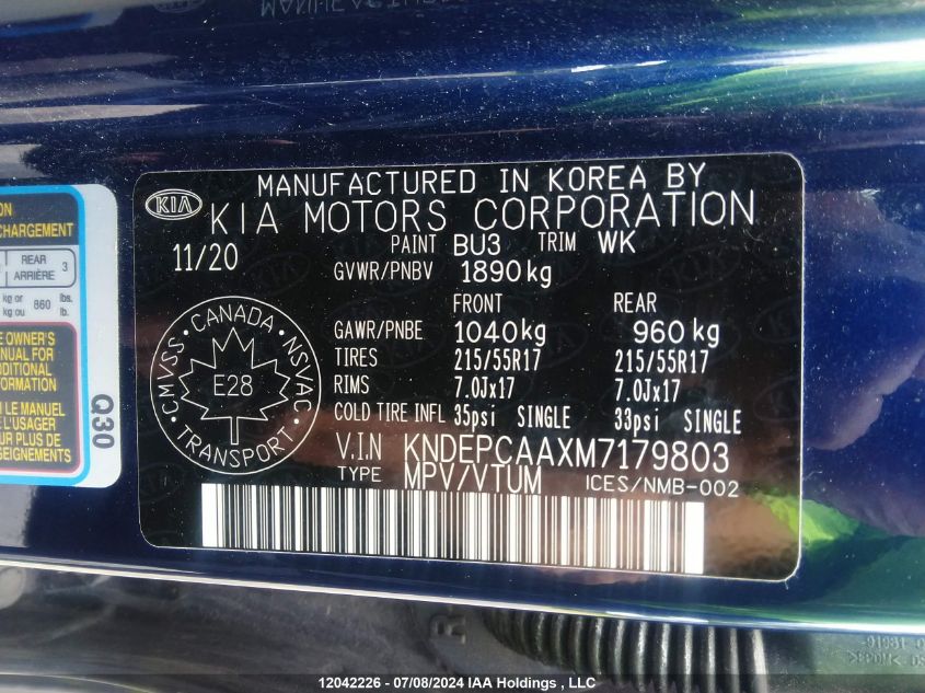 2021 Kia Seltos VIN: KNDEPCAAXM7179803 Lot: 12042226