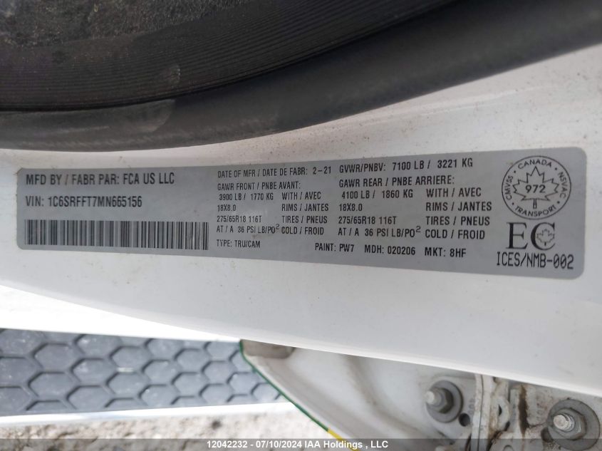 2021 Ram 1500 Big Horn VIN: 1C6SRFFT7MN665156 Lot: 12042232