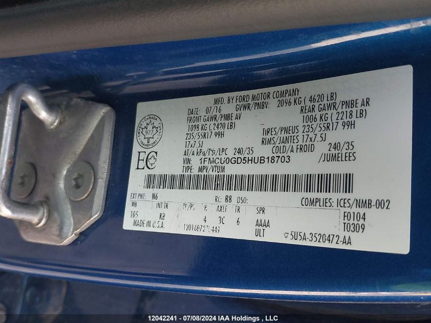 2017 Ford Escape Se VIN: 1FMCU0GD5HUB18703 Lot: 12042241