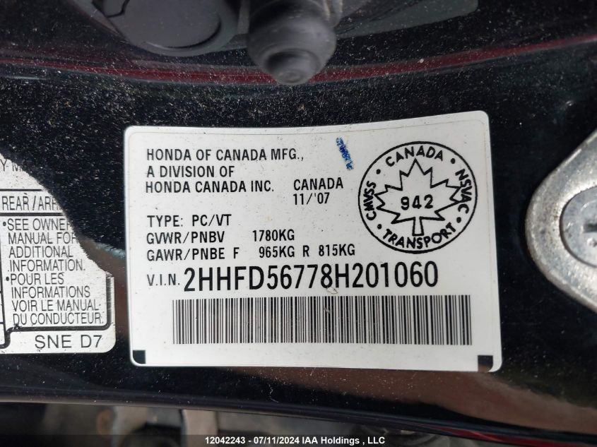 2008 Acura Csx VIN: 2HHFD56778H201060 Lot: 12042243