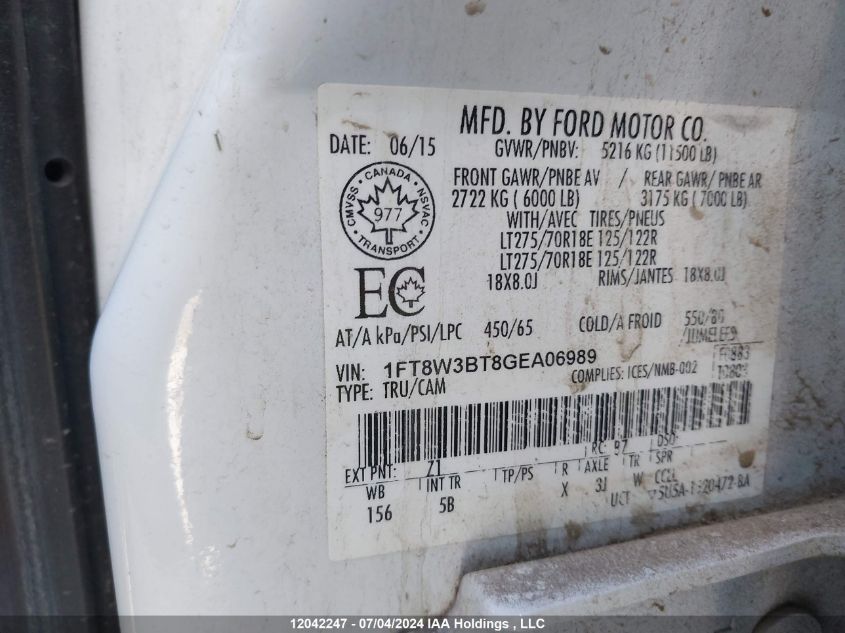 2016 Ford F350 Super Duty VIN: 1FT8W3BT8GEA06989 Lot: 12042247