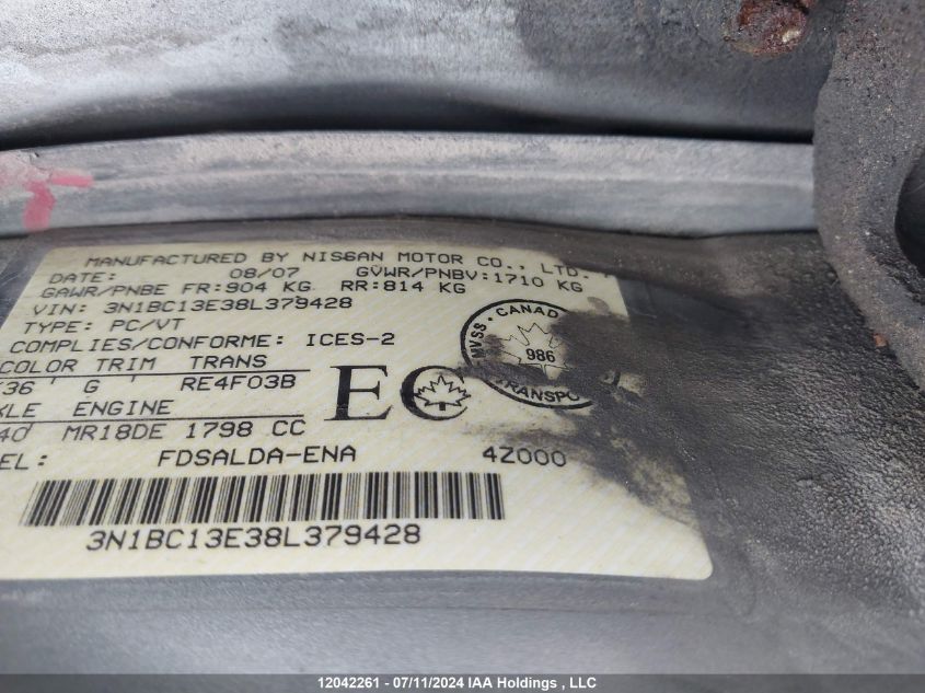 2008 Nissan Versa 1.8S VIN: 3N1BC13E38L379428 Lot: 12042261