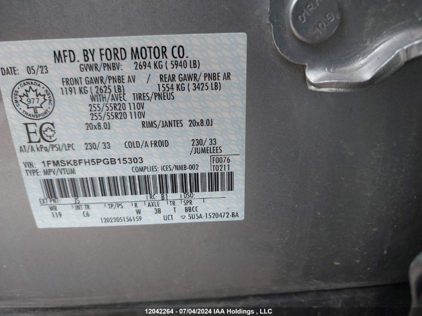 2023 Ford Explorer Limited VIN: 1FMSK8FH5PGB15303 Lot: 12042264