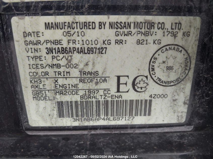 2010 Nissan Sentra 2.0S VIN: 3N1AB6AP4AL697127 Lot: 12042267