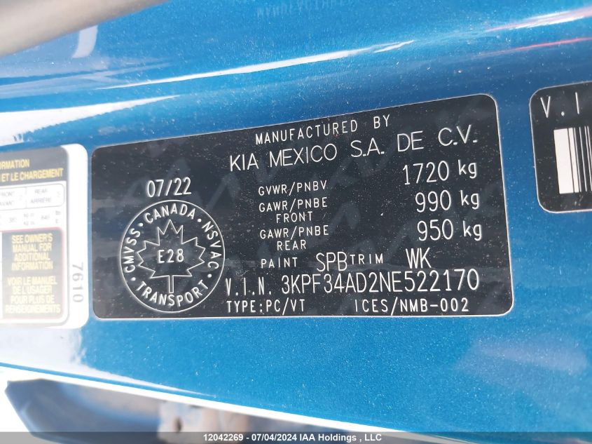 2022 Kia Forte VIN: 3KPF34AD2NE522170 Lot: 12042269