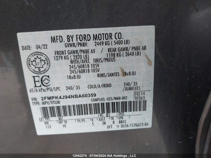 2022 Ford Edge Sel VIN: 2FMPK4J94NBA60359 Lot: 12042274