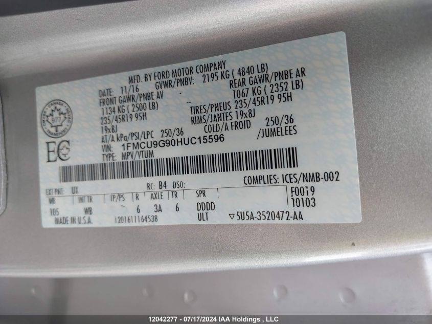 2017 Ford Escape Se VIN: 1FMCU9G90HUC15596 Lot: 12042277