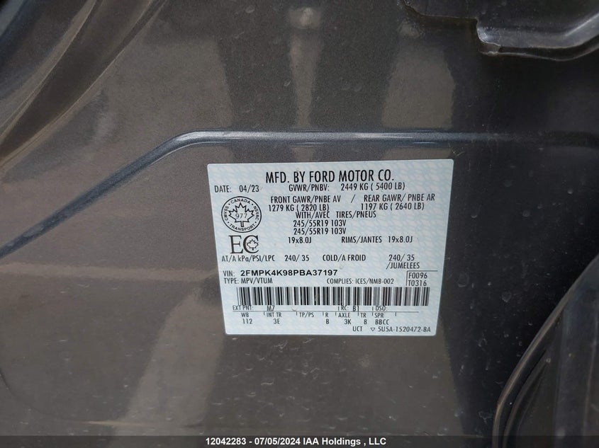 2023 Ford Edge Titanium VIN: 2FMPK4K98PBA37197 Lot: 12042283