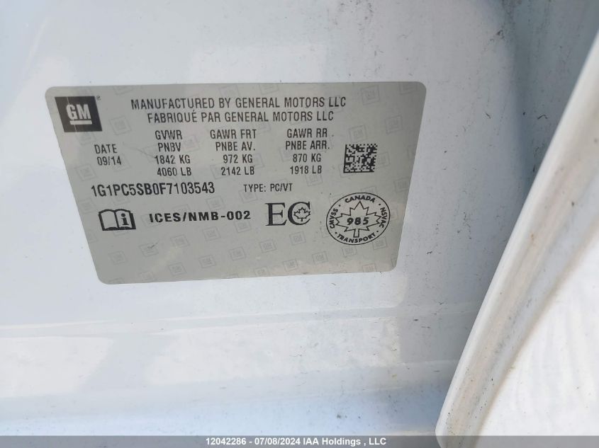 2015 Chevrolet Cruze Lt VIN: 1G1PC5SB0F7103543 Lot: 12042286