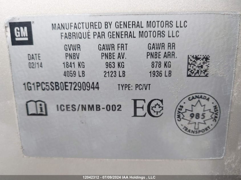 2014 Chevrolet Cruze VIN: 1G1PC5SB0E7290944 Lot: 12042312