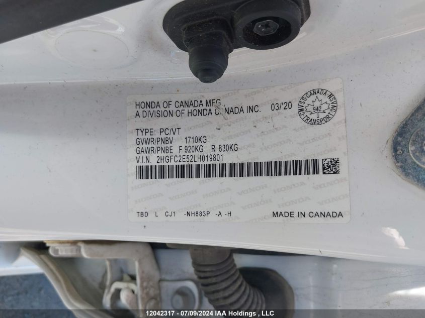 2020 Honda Civic Lx VIN: 2HGFC2E52LH019801 Lot: 12042317