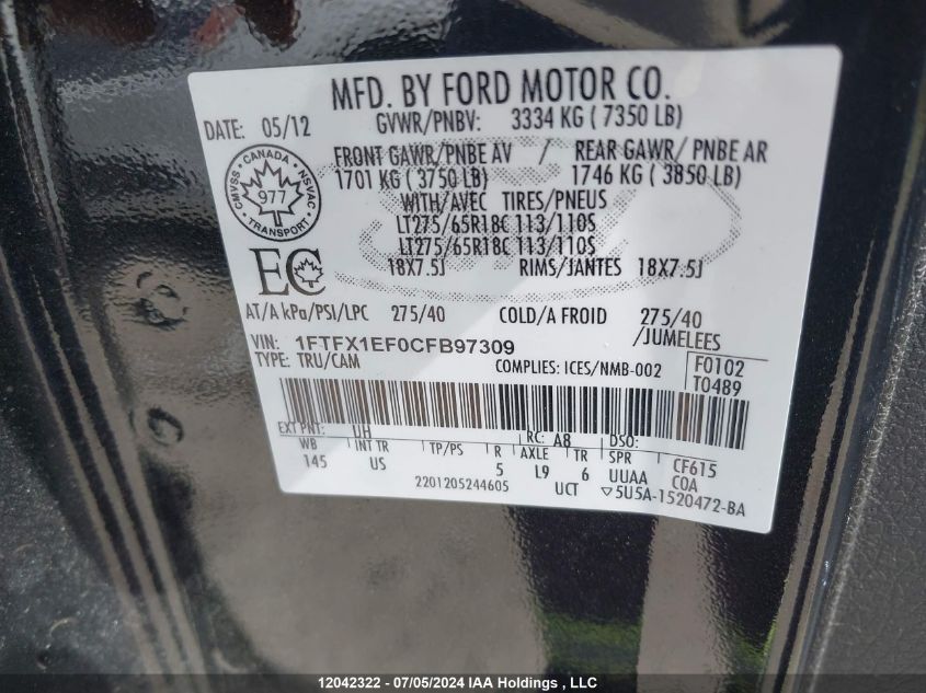 2012 Ford F-150 Xlt VIN: 1FTFX1EF0CFB97309 Lot: 12042322