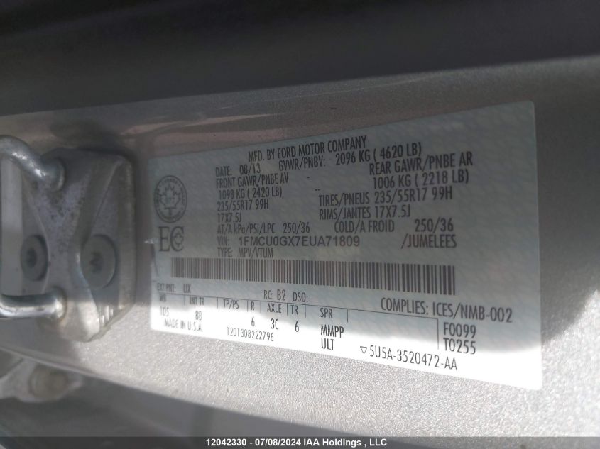 2014 Ford Escape VIN: 1FMCU0GX7EUA71809 Lot: 12042330