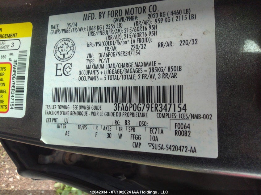 2014 Ford Fusion S VIN: 3FA6P0G79ER347154 Lot: 12042334