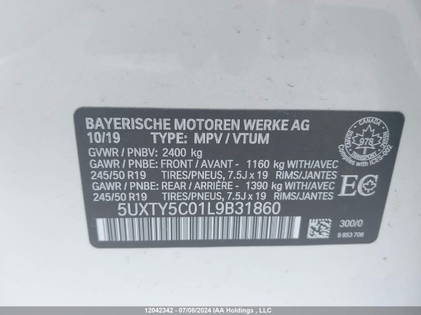 2020 BMW X3 VIN: 5UXTY5C01L9B31860 Lot: 12042342
